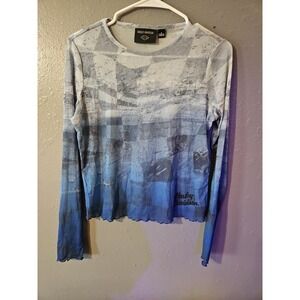 HARLEY-DAVIDSON Womens Medium‎ Sheer Thin Long Sleeve Blue Graphic Blouse (A704)
